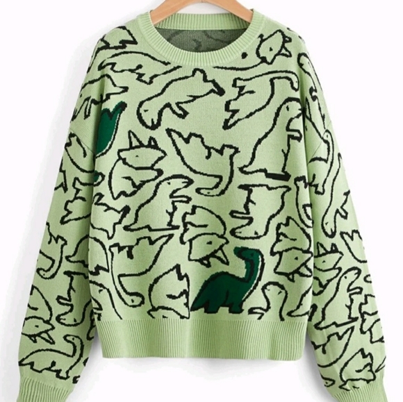 Sweaters - Very cute Knitted drop Shoulder Dinosaur Pattern Sweater
